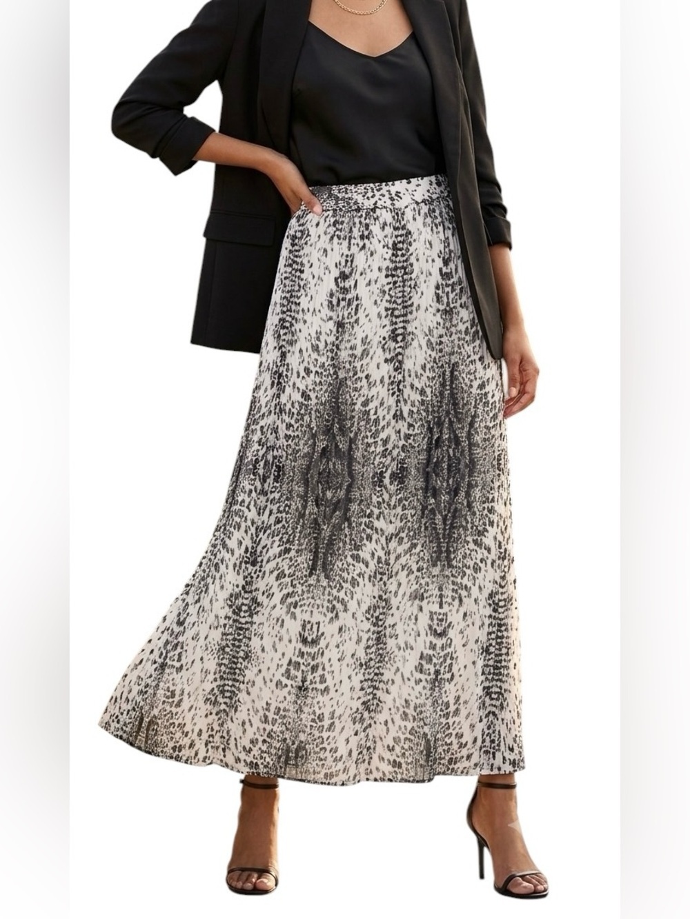 New York & Company Women’s M Leopard Animal Print Maxi Pleated Skirt Black White